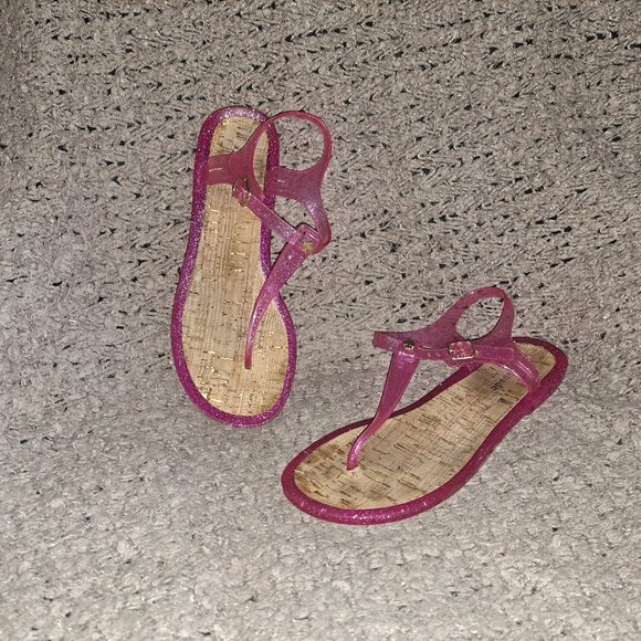 KATE SPADE-Yari-Pink Shimmer Jelly Rubber-Cork T-Strap Sandals-Sz 9-Excellent - Picture 1 of 6